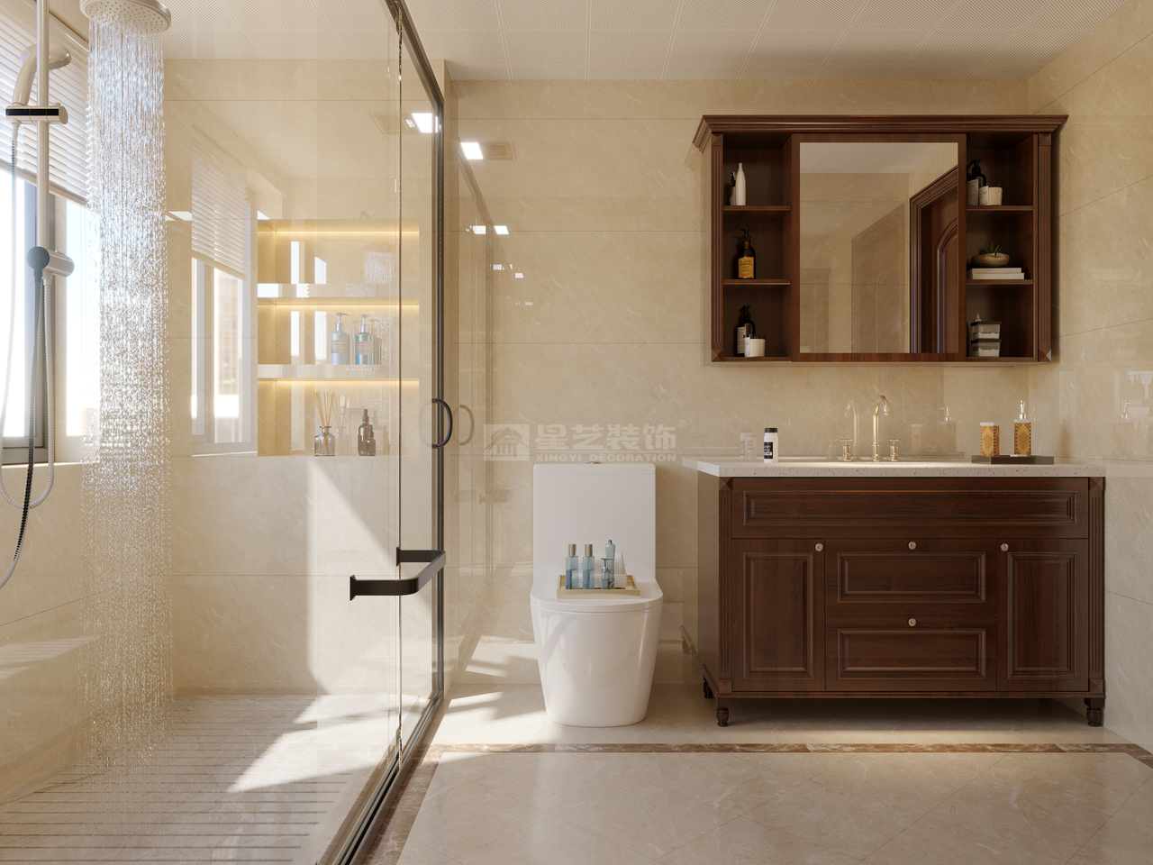 经典的暖色调彰显浴室的简洁、大方

现代的线条辅以明亮的光线，简约干净

原木家具烘托空间的自然气息，简单大气